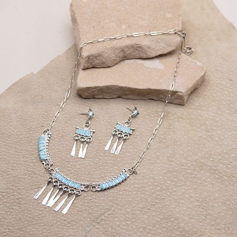 Zuni Turquoise Necklace Set with Silver Fringe