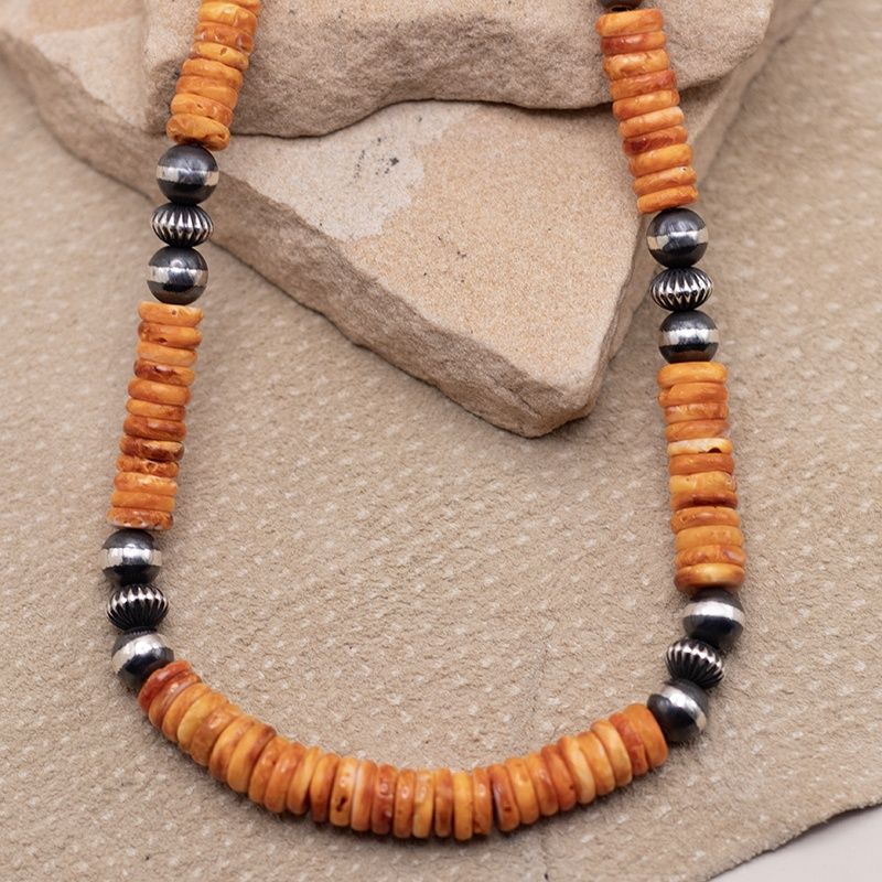 Orange Spiny Oyster Necklace with Navajo Pearls