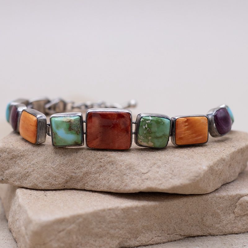 Multicolor Spiny Oyster and Sonoran Gold Square Link Bracelet