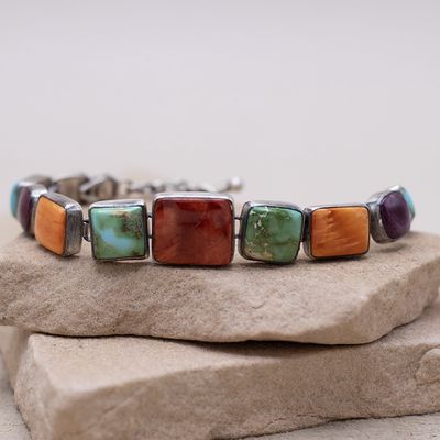 Multicolor Spiny Oyster and Sonoran Gold Square Link Bracelet