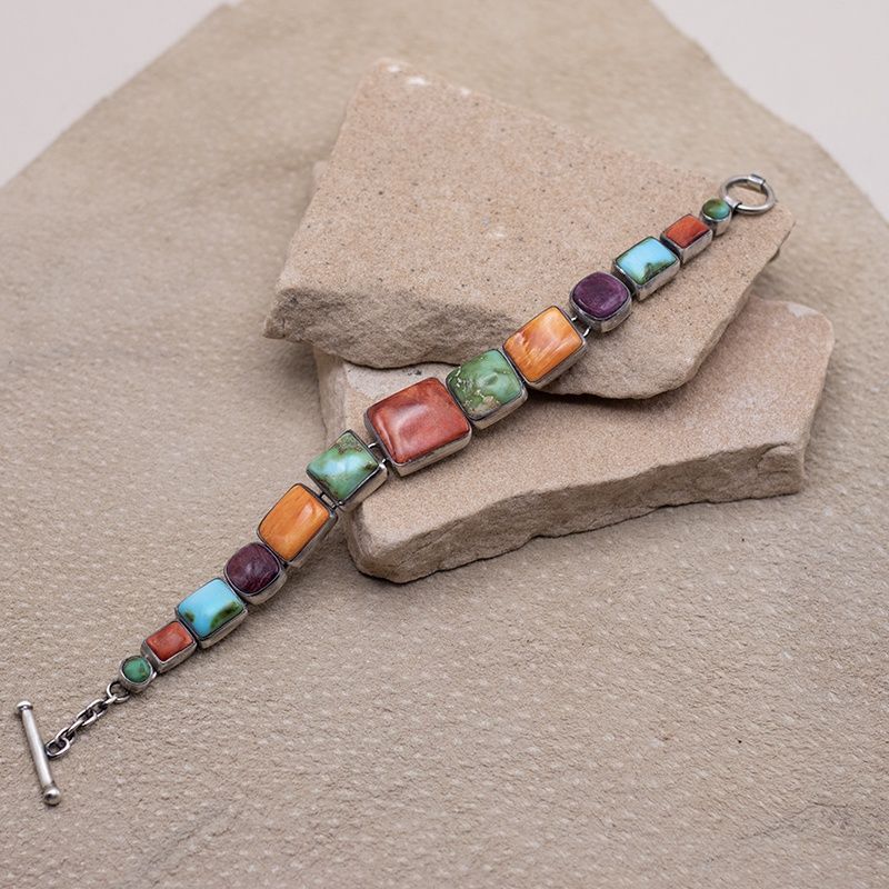 Multicolor Spiny Oyster and Sonoran Gold Square Link Bracelet