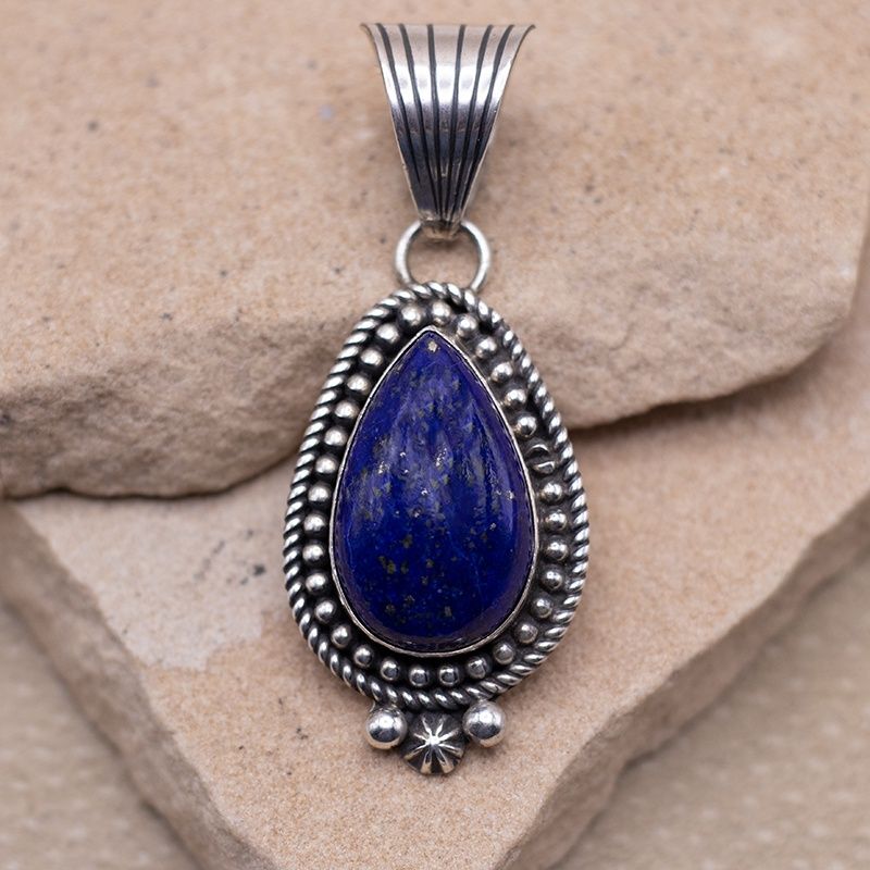 Teardrop Lapis Pendant with Silver Details