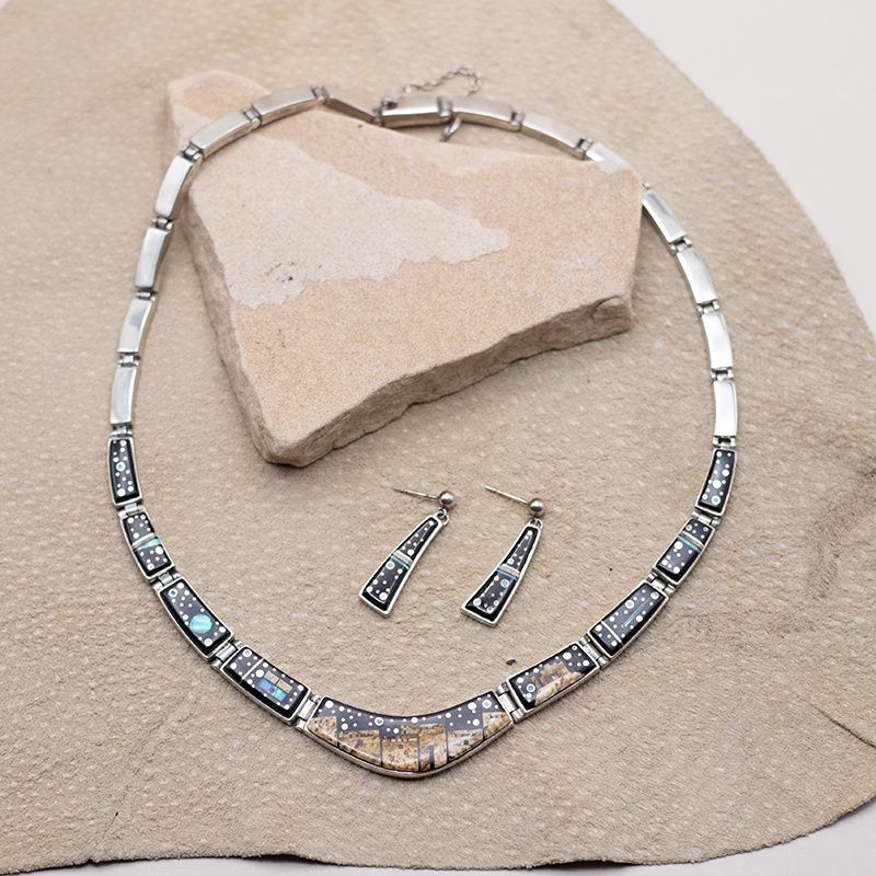 Night Sky Inlay Collar Necklace with Matching Earrings by Calvin Begay