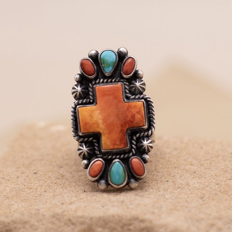 Orange, spiny, oyster and turquoise cross ring
