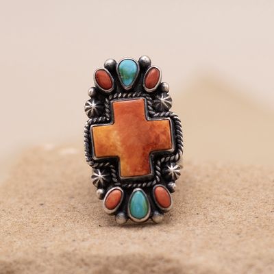 Orange, spiny, oyster and turquoise cross ring