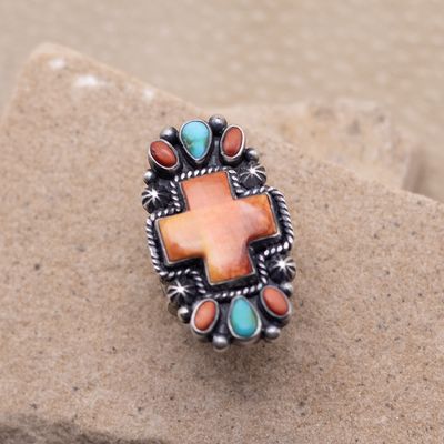 Orange, spiny, oyster and turquoise cross ring