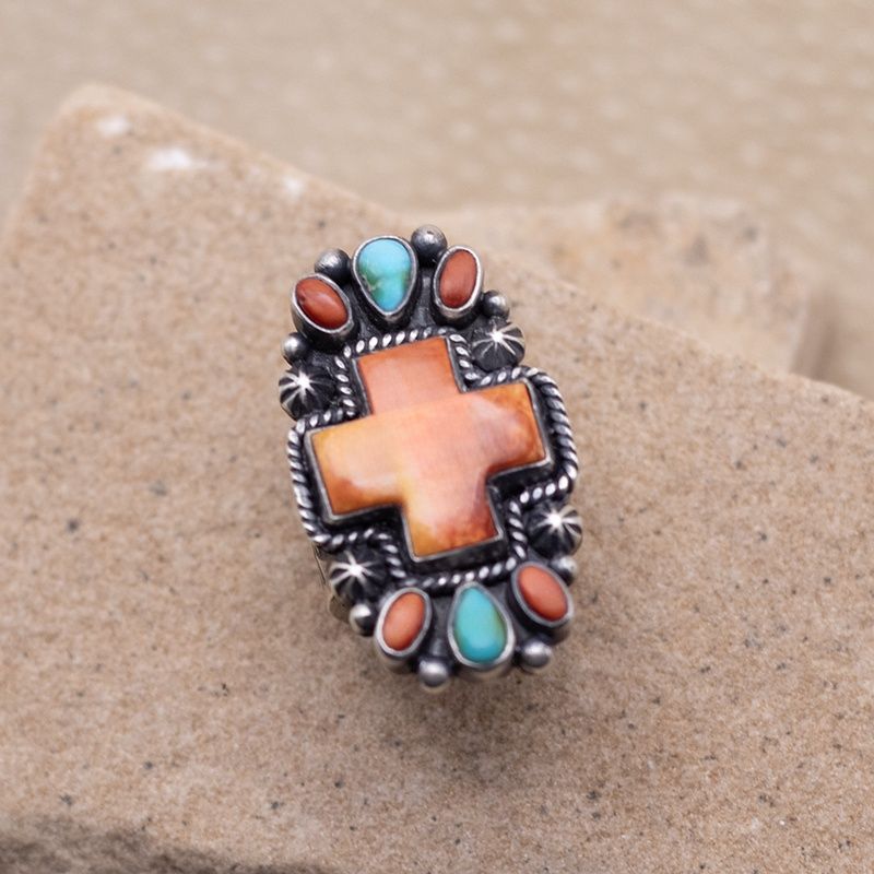 Orange, spiny, oyster and turquoise cross ring