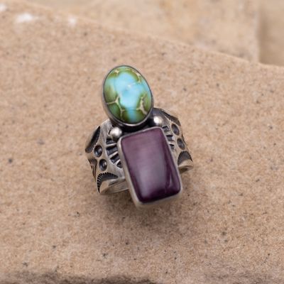 Sonoran Turquoise and Purple Spiny Oyster Shell Two-Stone Ring