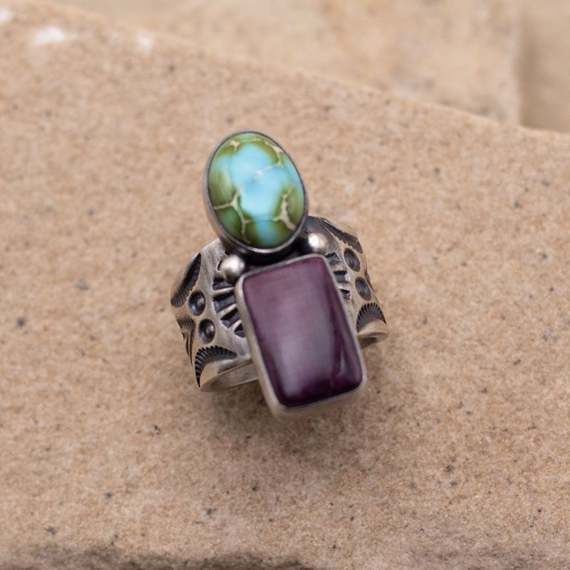 Sonoran Turquoise and Purple Spiny Oyster Shell Two-Stone Ring
