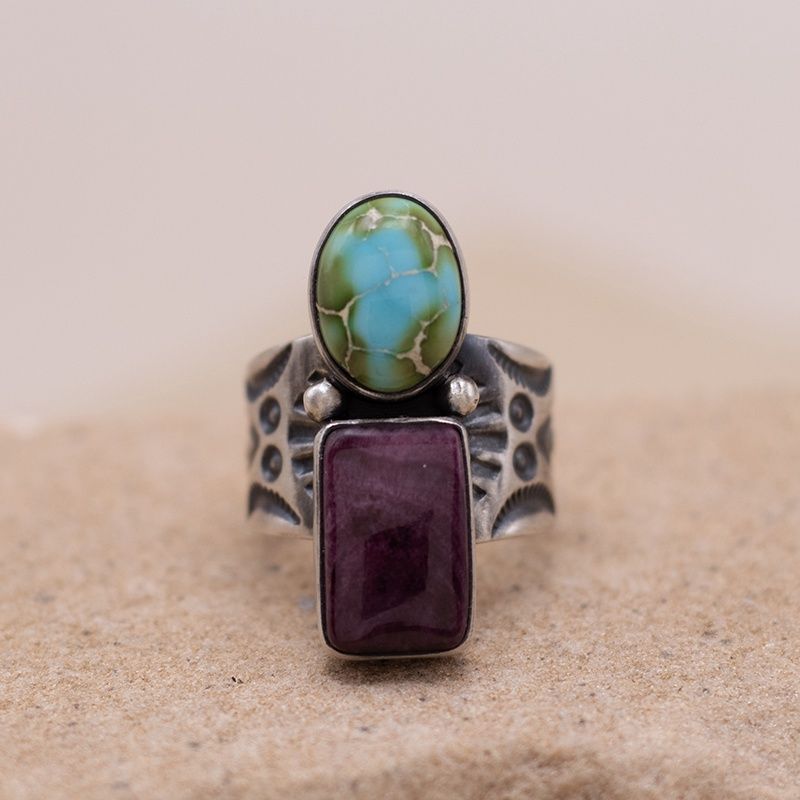 Sonoran Turquoise and Purple Spiny Oyster Shell Two-Stone Ring