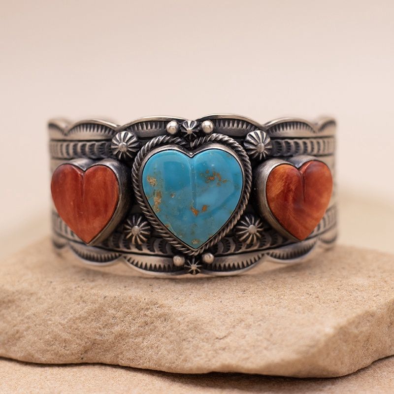Spiny Oyster and Turquoise Multi-Heart Cuff Bracelet by Murphy Platero
