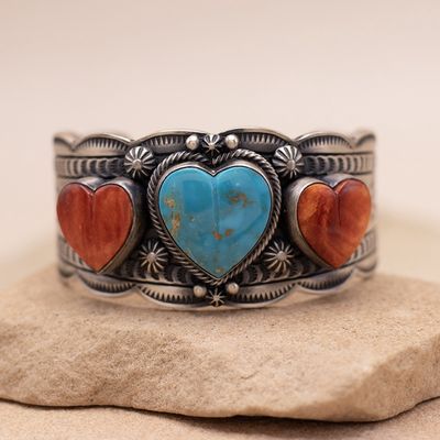Spiny Oyster and Turquoise Multi-Heart Cuff Bracelet by Murphy Platero