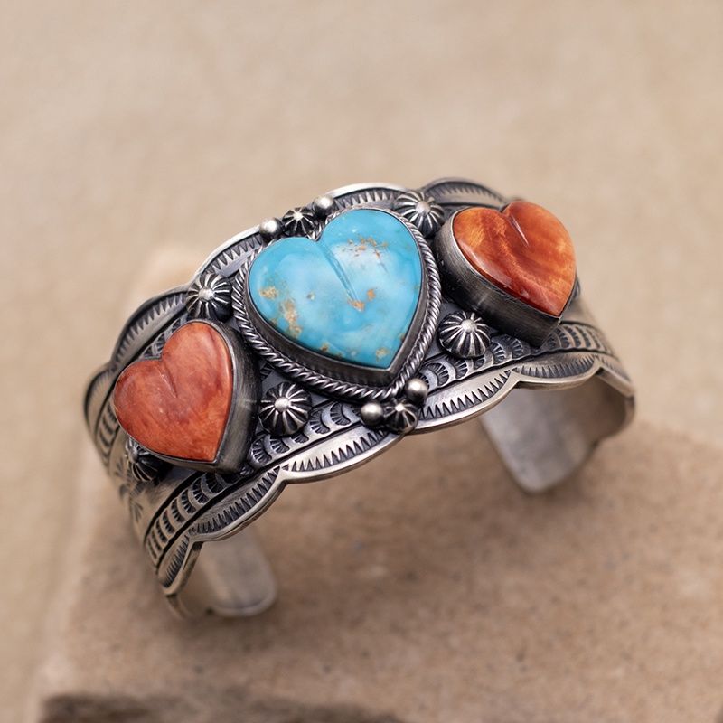 Spiny Oyster and Turquoise Multi-Heart Cuff Bracelet by Murphy Platero
