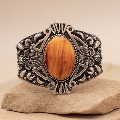 Large Single Stone Orange Spiny Oyster Cuff Bracelet by Rick Werito