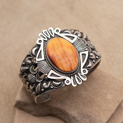 Large Single Stone Orange Spiny Oyster Cuff Bracelet by Rick Werito