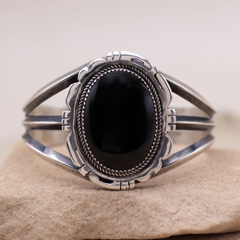 Single Stone Black Onyx Cuff Bracelet with Sawcut Details