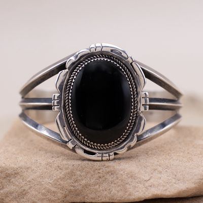 Single Stone Black Onyx Cuff Bracelet with Sawcut Details