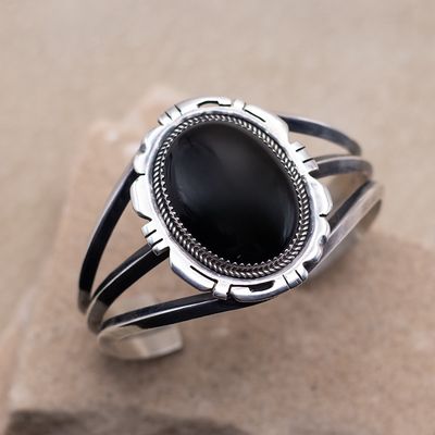 Single Stone Black Onyx Cuff Bracelet with Sawcut Details