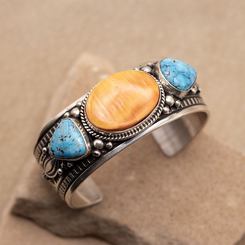 Orange Spiny Oyster and Turquoise Three-Stone Cuff Bracelet by Happy Piasso