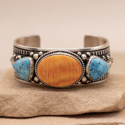 Orange Spiny Oyster and Turquoise Three-Stone Cuff Bracelet by Happy Piasso