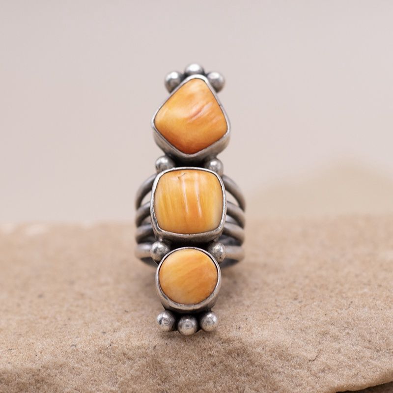 Long Three-Stone Orange Spiny Oyster Ring