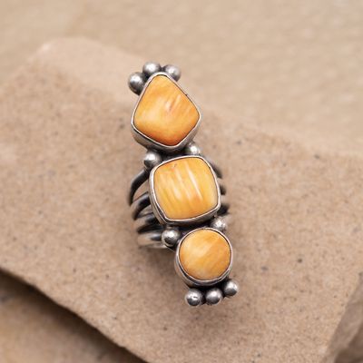 Long Three-Stone Orange Spiny Oyster Ring