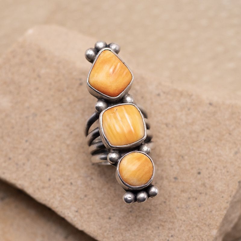 Long Three-Stone Orange Spiny Oyster Ring