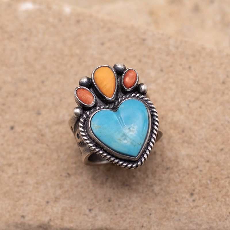 Turquoise and spiny oyster multicolor heart ring (Adjustable)