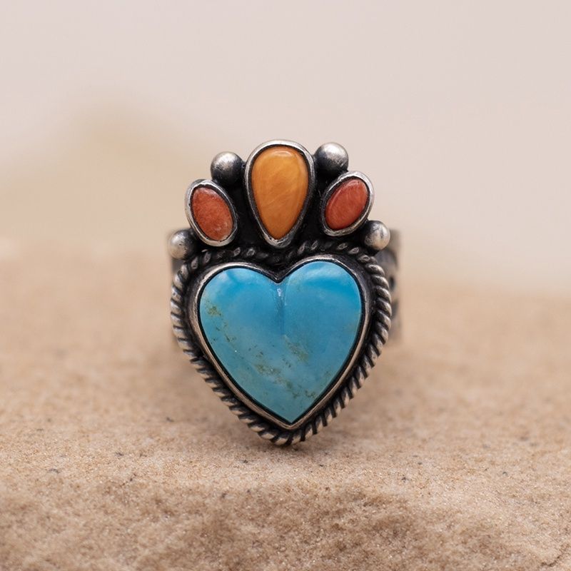 Turquoise and spiny oyster multicolor heart ring (Adjustable)