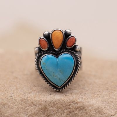 Turquoise and spiny oyster multicolor heart ring (Adjustable)
