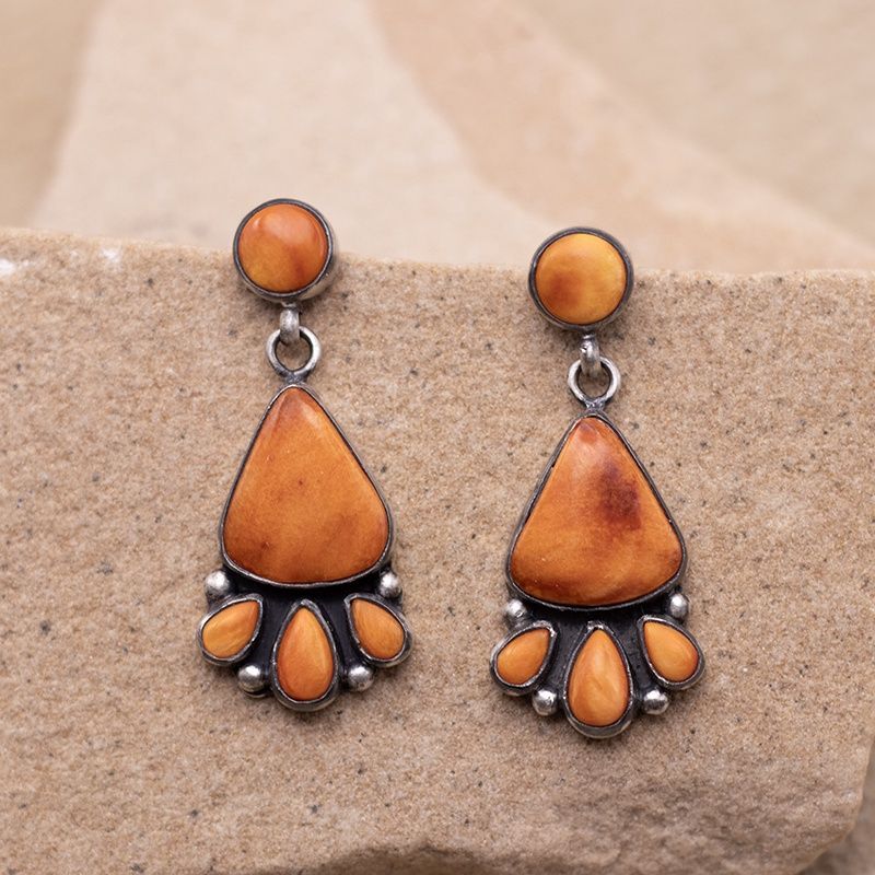 Orange Spiny Oyster Dangle Cluster Earrings