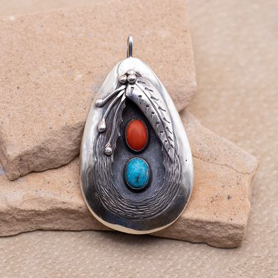 Vintage Coral &amp; Turquoise Shadow Box Pendant
