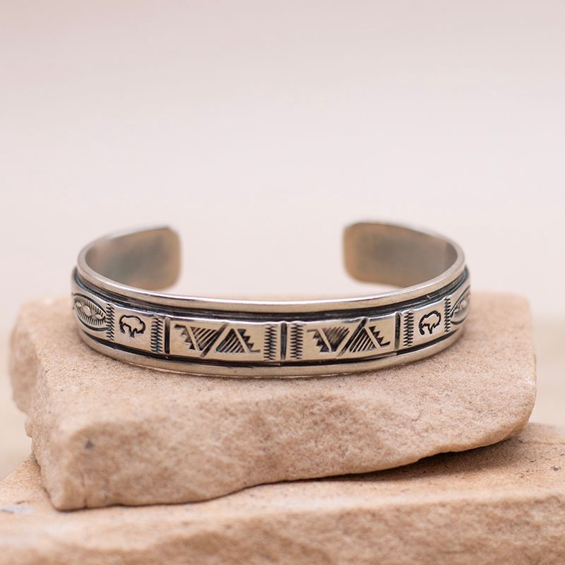 Stamped Silver Cuff with Geometric and Buffalo Stamps