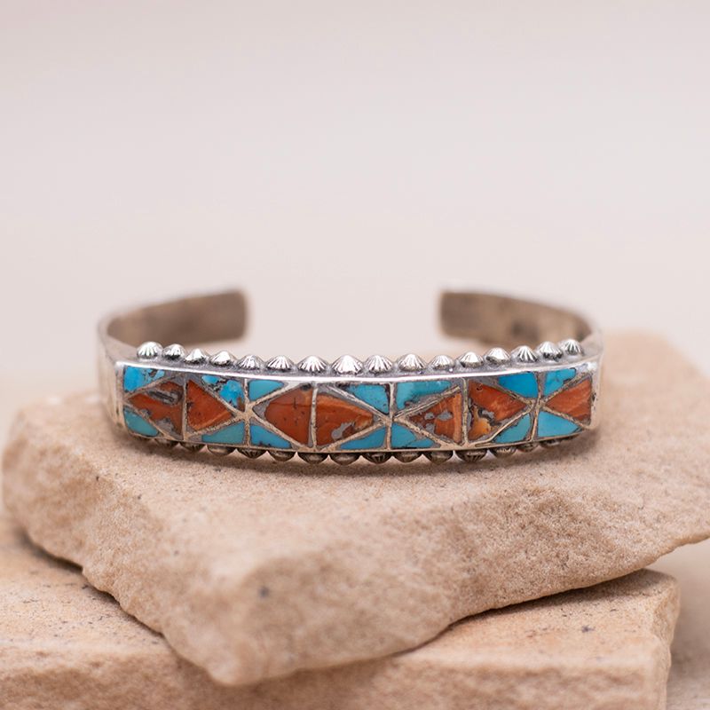 Vintage Coral and Turquoise Inlay Cuff