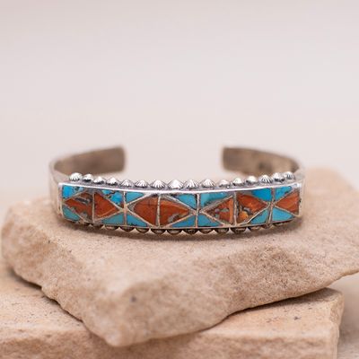 Vintage Coral and Turquoise Inlay Cuff