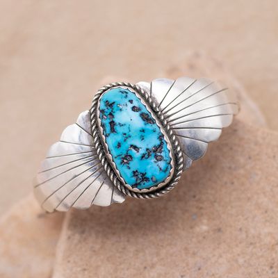 Single Stone Turquoise Cuff with Radiant Stamp Design