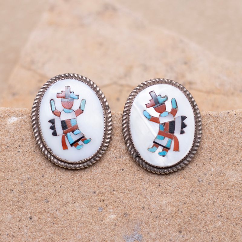 Multicolor Inlay Yei Earrings in Mother of Pearl