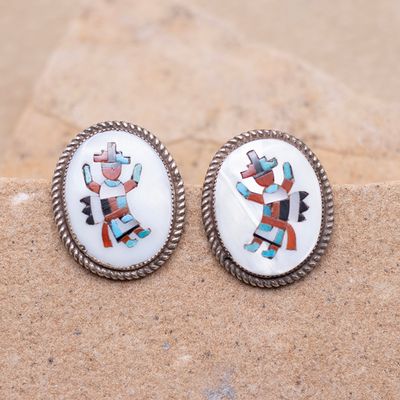 Multicolor Inlay Yei Earrings in Mother of Pearl