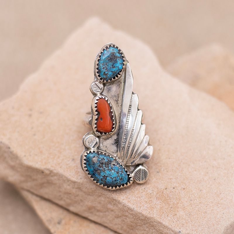 Long 3 Stone Turquoise and Coral Ring with Leaf Design
