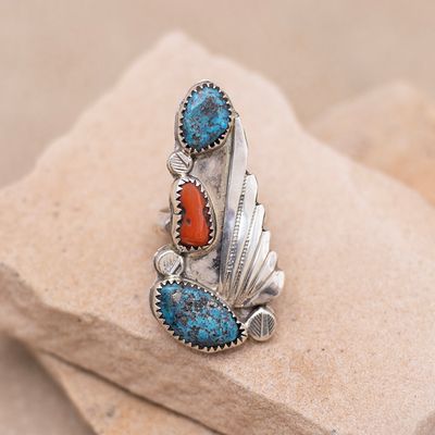 Long 3 Stone Turquoise and Coral Ring with Leaf Design