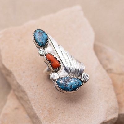 Long 3 Stone Turquoise and Coral Ring with Leaf Design