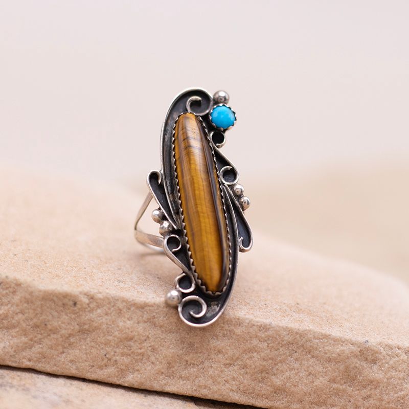 Long Tigers Eye Ring with Turquoise