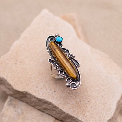 Long Tigers Eye Ring with Turquoise