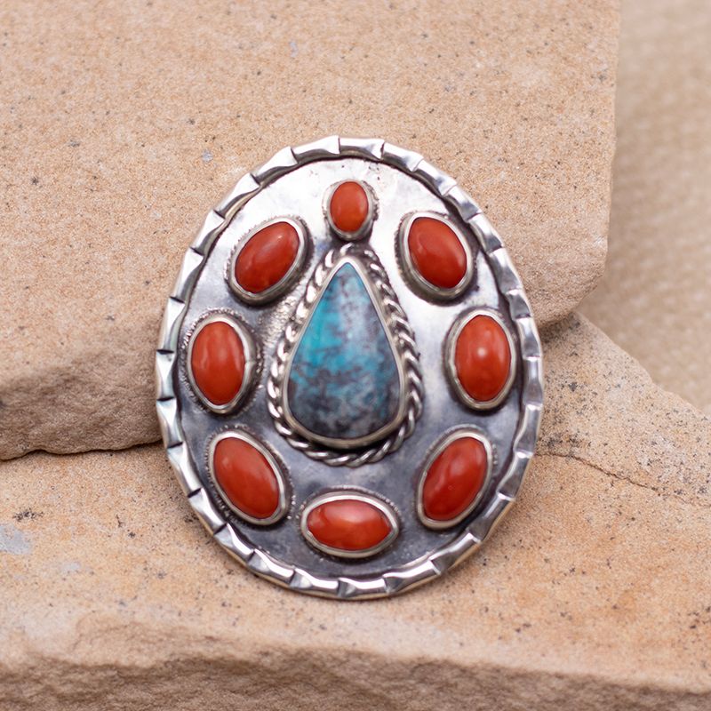 Unique Turquoise and Coral Cluster Pendant with Shepards Hook