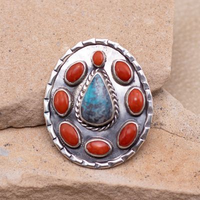 Unique Turquoise and Coral Cluster Pendant with Shepards Hook