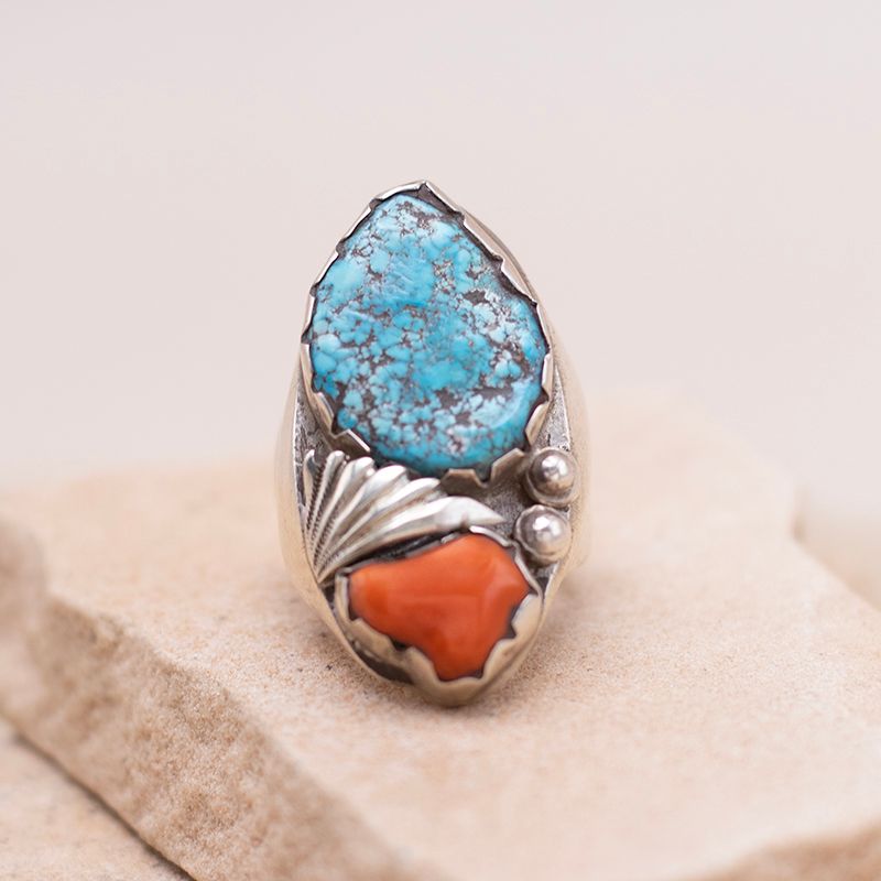 Large Men's Turquoise &amp; Coral Ring with Leaf