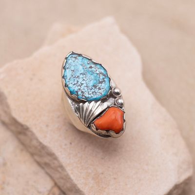 Large Men's Turquoise &amp; Coral Ring with Leaf