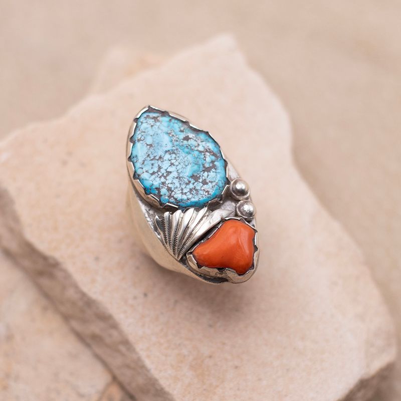 Large Men's Turquoise &amp; Coral Ring with Leaf