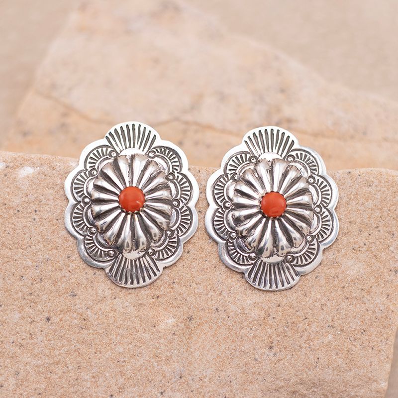 Concho Style Single Coral Stone Earring