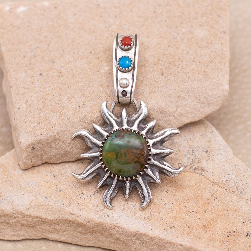 Green Turquoise Stone Sun Pendant with stones on Bail